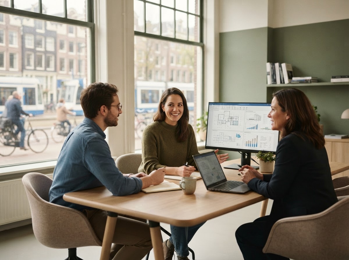 Kalm Rendmaatsch - team dat data-analyse bespreekt in een rustige werkomgeving